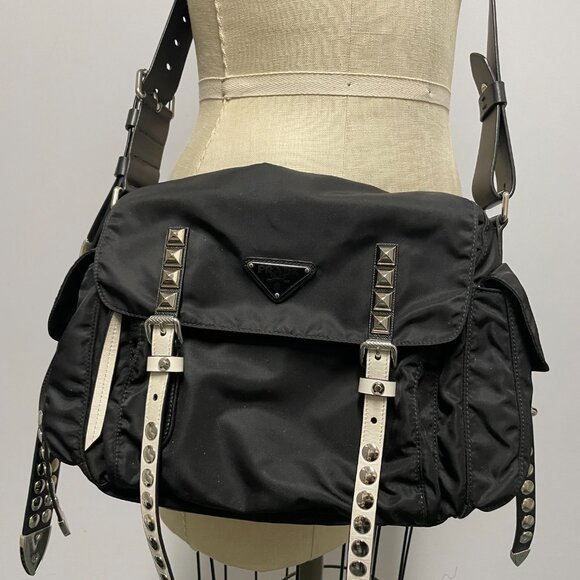 Prada Black and White Nylon & Leather Handbag w Studs Invoice included - Picture 1 of 10